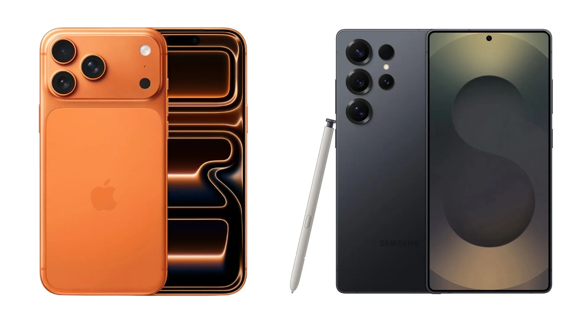 iPhone 17 Pro laranja e Galaxy S25 Ultra preto lado a lado, mostrando traseira e design 