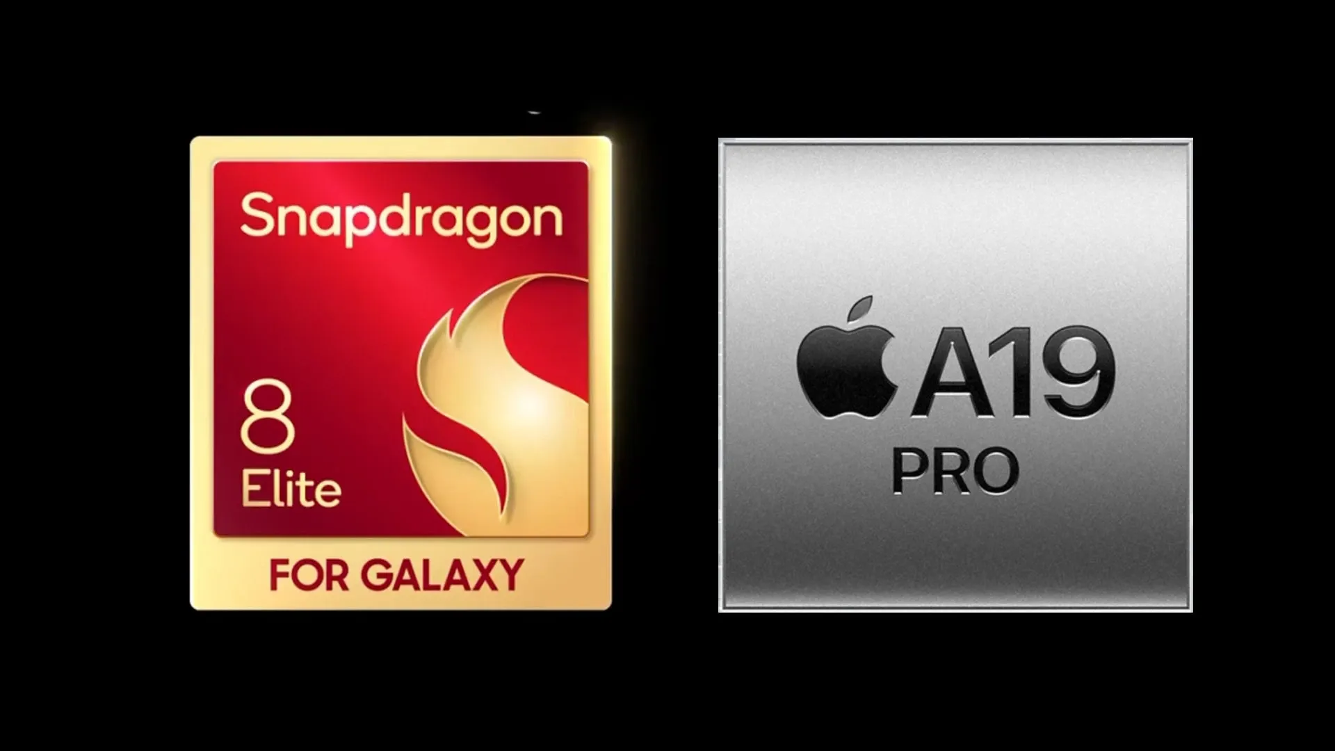 Imagem com as logos do Snapdragon 8 Elite e do Apple A19 Pro lado a lado