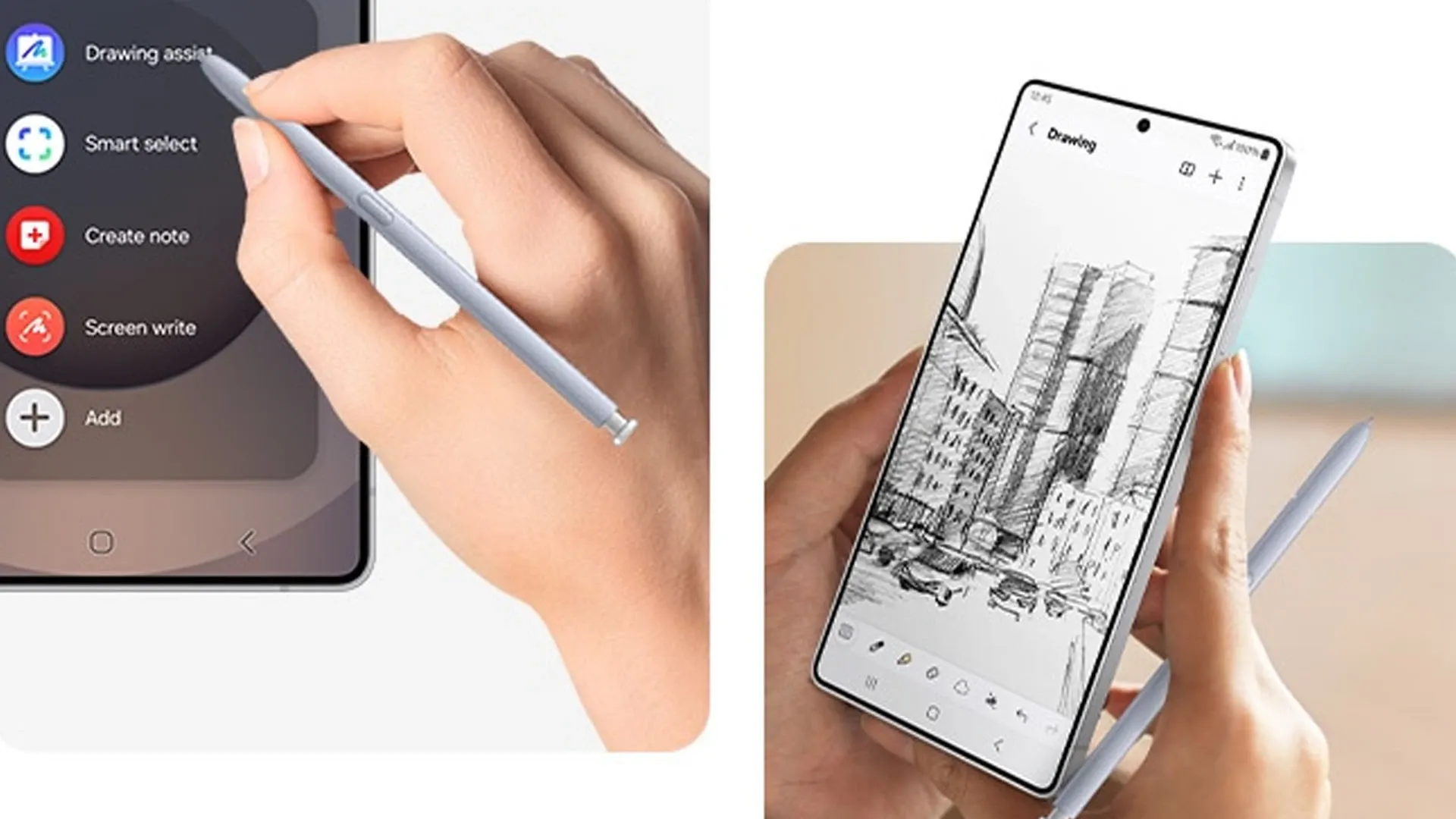 Mão segurando o Galaxy S25 Ultra com S Pen escrevendo na tela