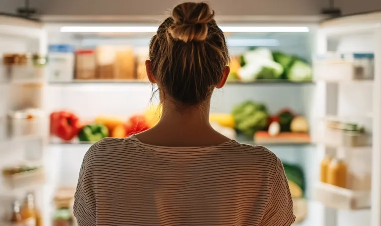 Mulher em frente a uma geladeira aberta.