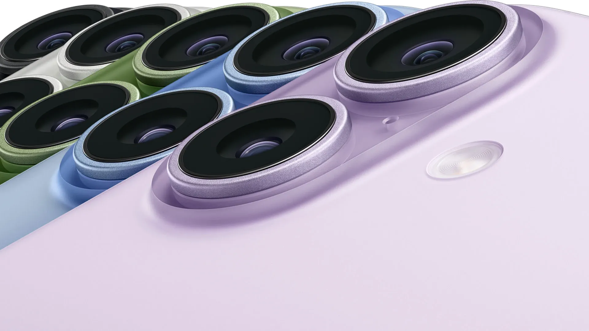 Imagem em close das câmeras traseiras do iPhone 17 em várias cores.