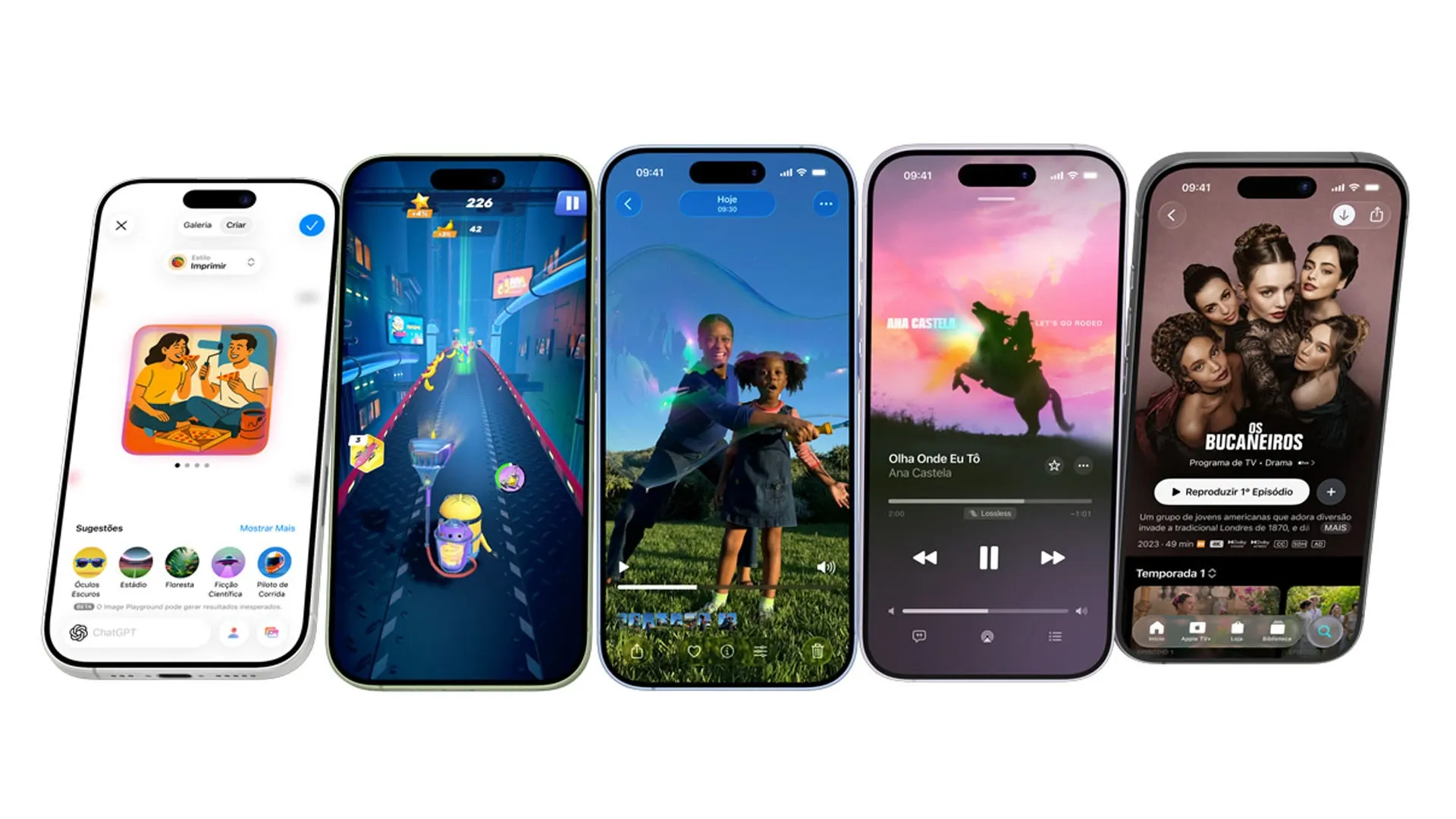 Imagem do iPhone 17 com diferentes aplicativos abertos, incluindo jogo, chamadas e streaming.