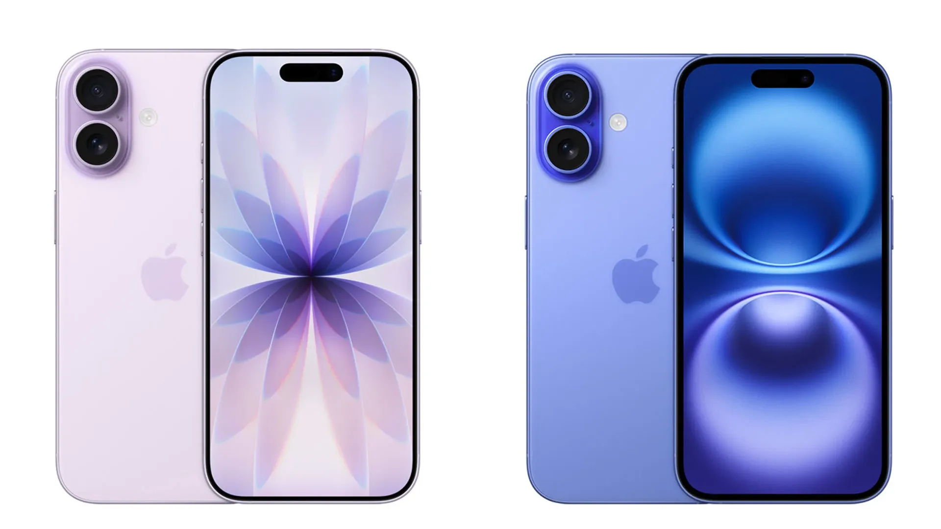 Imagem do iPhone 17 lavanda ao lado do iPhone 16 azul vistos de frente e traseira.