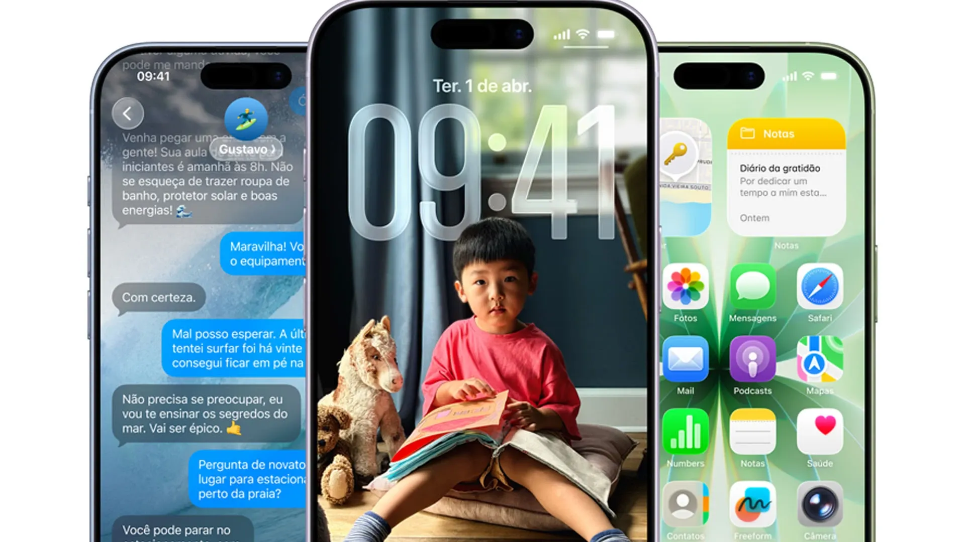 Imagem do iPhone 17 exibindo aplicativos de mensagens, tela bloqueada e app de notas.
