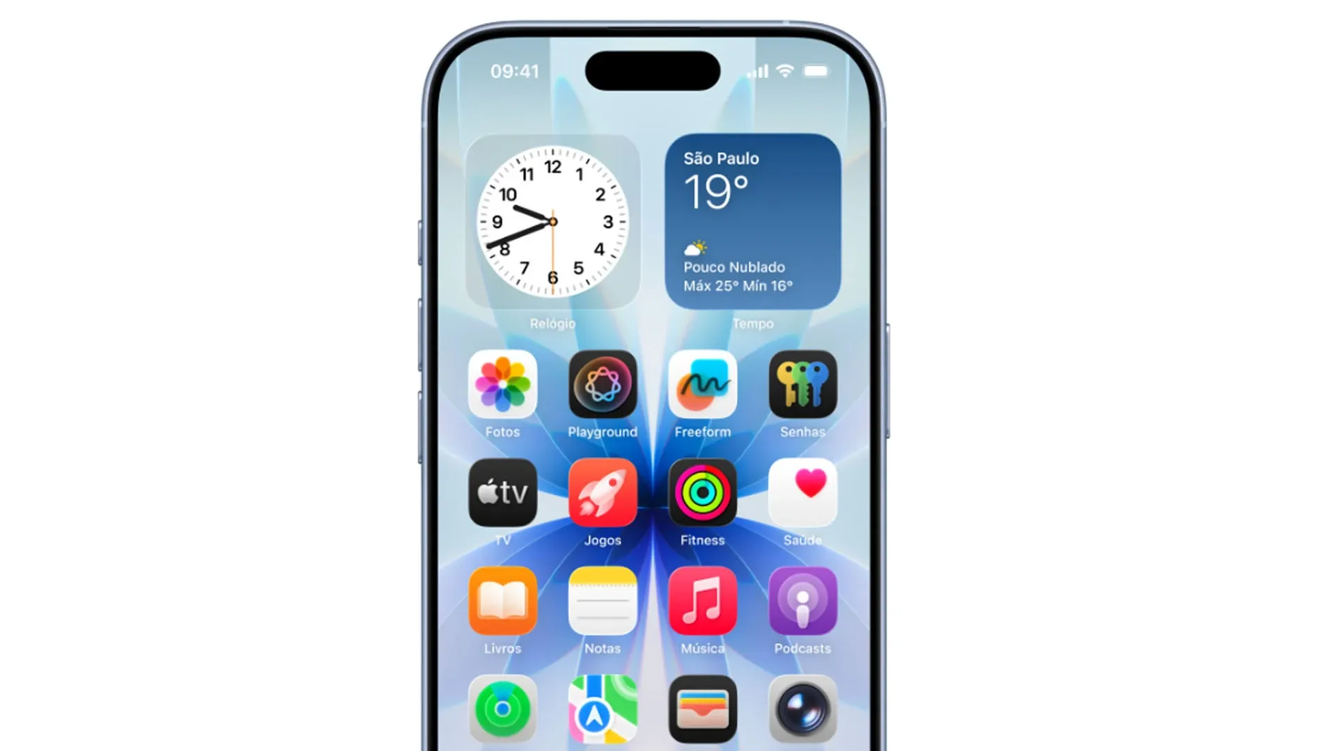 Imagem do iPhone 17 exibindo a tela inicial com ícones de aplicativos.