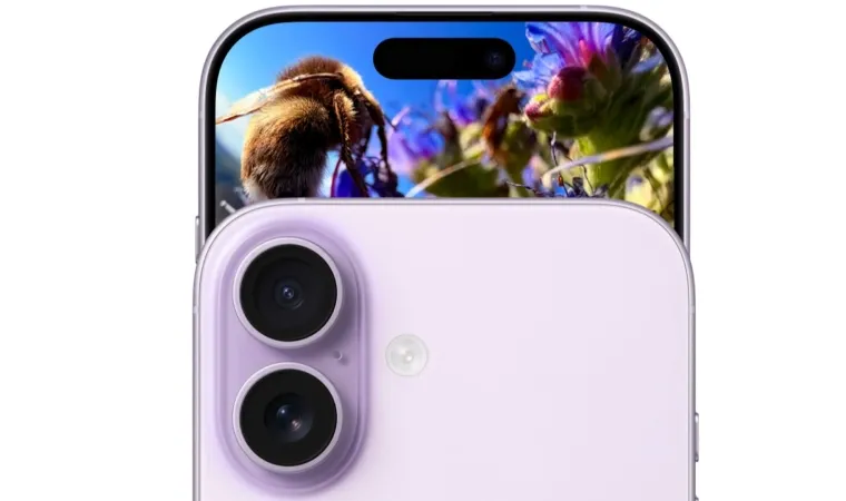 Parte traseira do iPhone 17 lavanda mostrando as duas câmeras e a tela exibindo uma flor com abelha