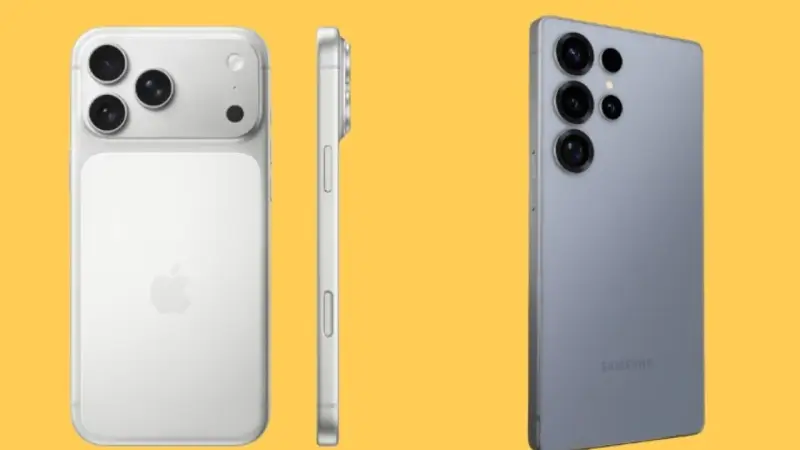 Três celulares estão lado a lado sobre um fundo de cor amarelo