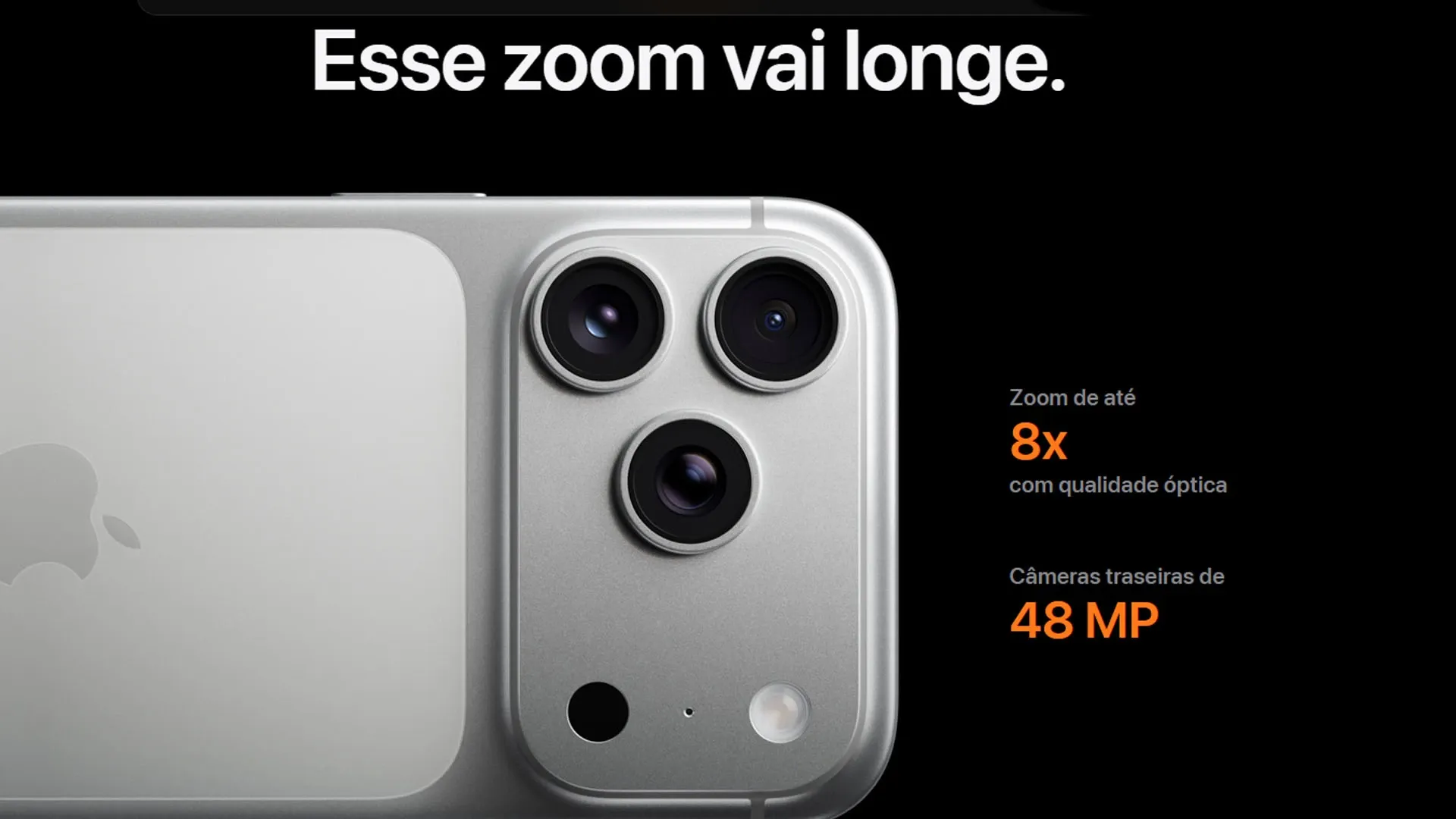 Parte traseira do iPhone 17 Pro mostrando as câmeras com destaque para zoom de 8x e sensor de 48 MP 
