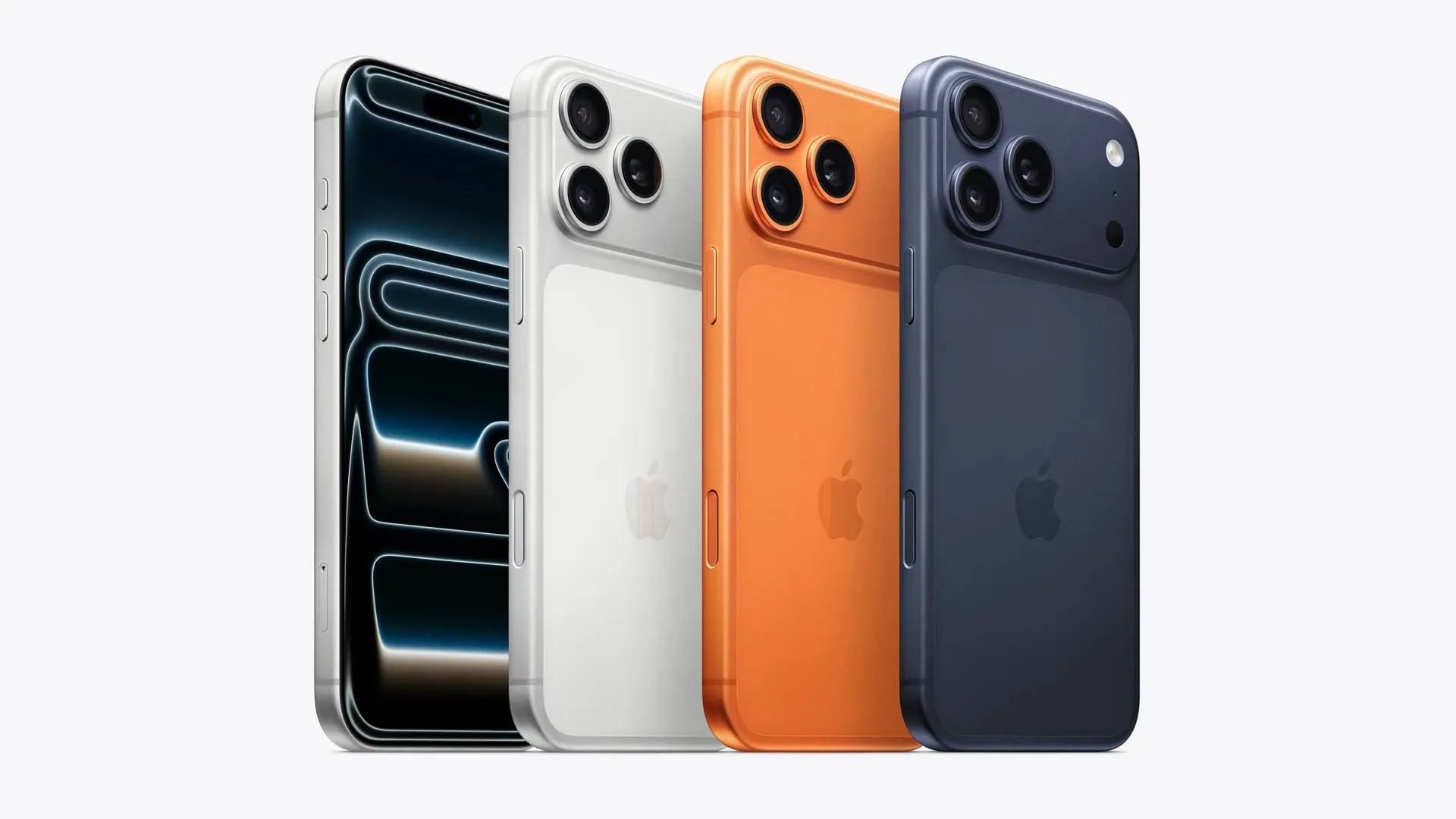 iPhone 17 Pro e Pro Max lado a lado nas cores prateado, laranja e azul