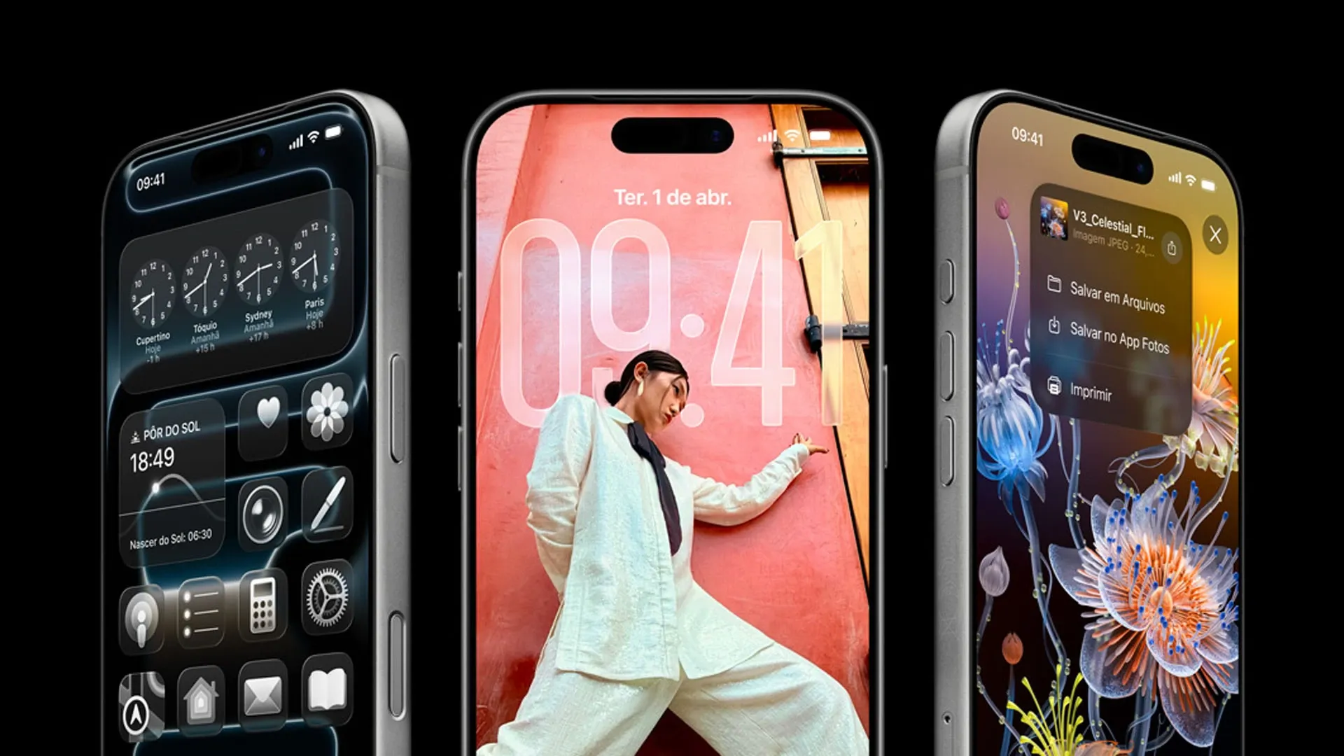 Três iPhone 17 Pro exibindo tela de bloqueio, apps e efeitos gráficos no sistema 