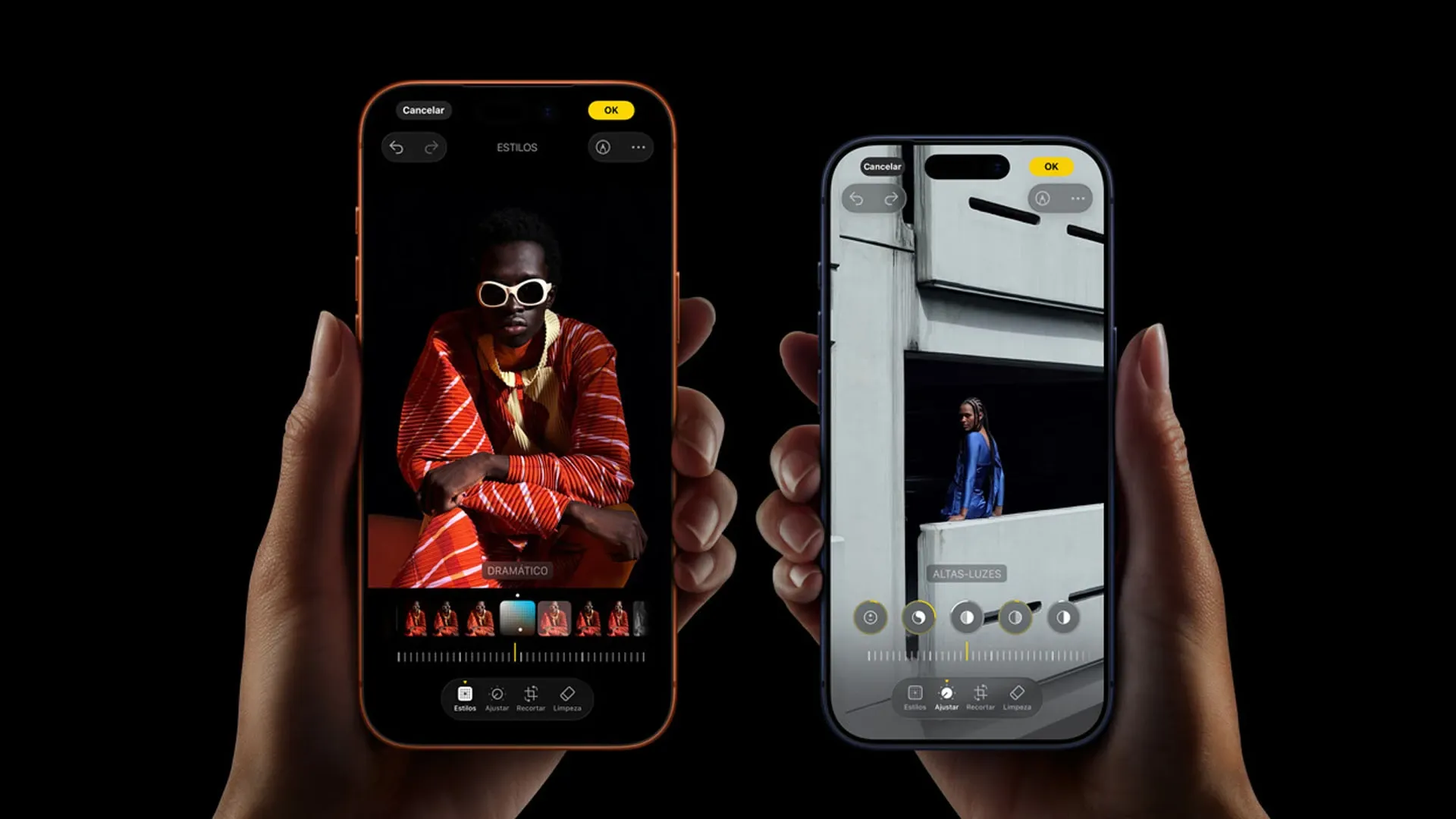 iPhone 17 Pro e Pro Max de frente mostrando fotos na tela em ambientes escuros 