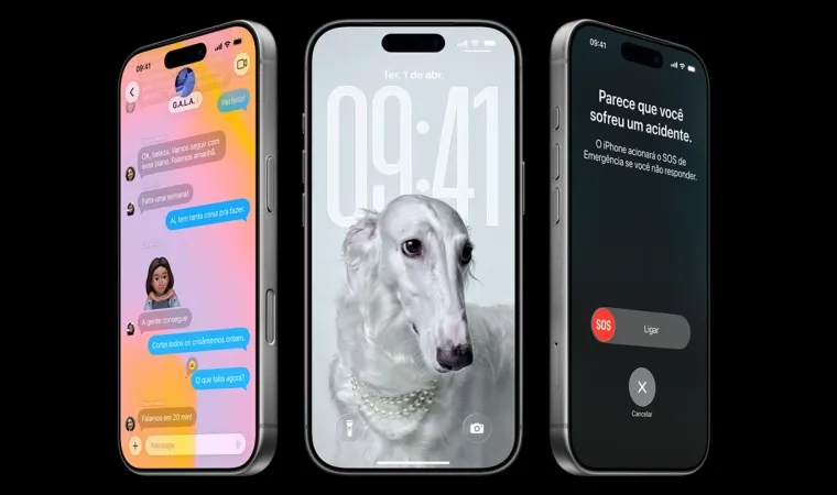 Três iPhones posicionados lado a lado, com telas exibindo mensagens, relógio e aviso de detecção de acidente.