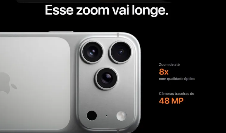 Módulo de câmeras traseiras do iPhone 17 Pro em destaque, com menção a zoom de até 8x.