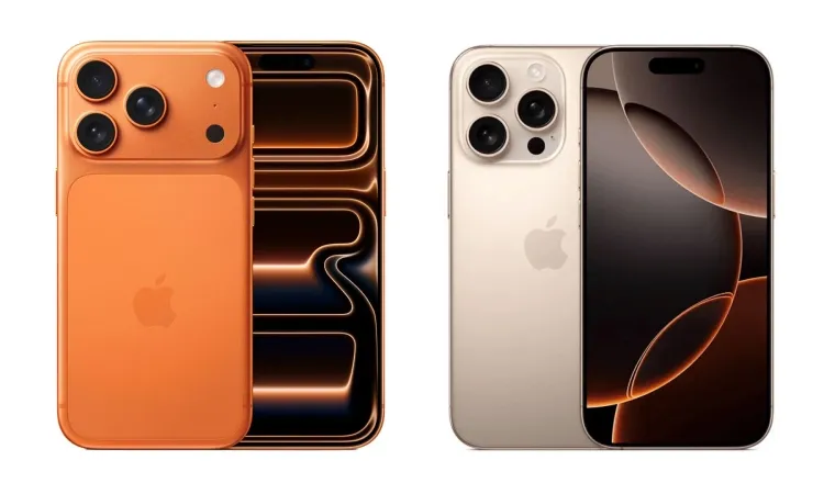 iPhone 17 Pro na cor laranja ao lado do iPhone 16 Pro dourado, vistos de frente e de trás.