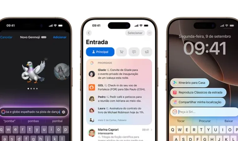 Três iPhones mostrando a tela inicial do iOS 26 com recursos de IA.