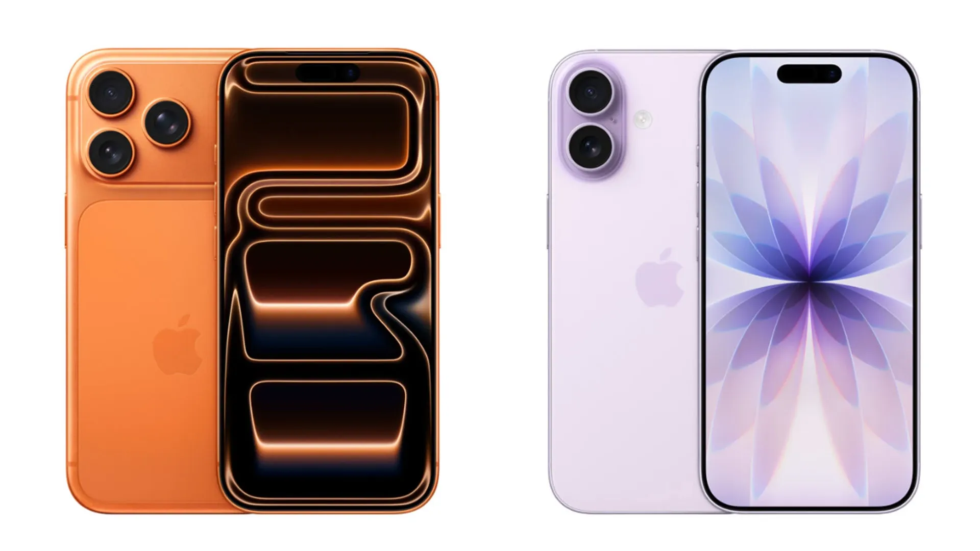 Imagem do iPhone 17 Pro laranja e iPhone 17 lilás lado a lado mostrando o design frontal e traseiro. 