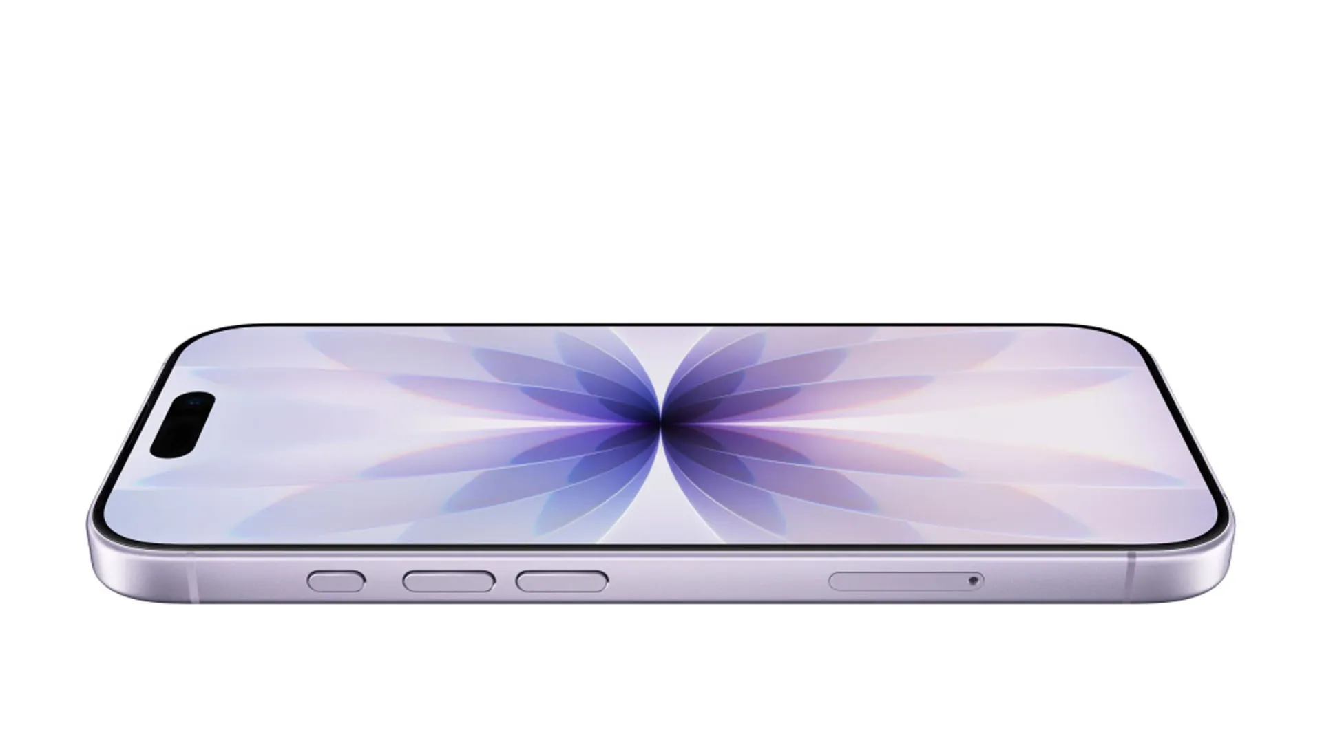 Imagem do iPhone 17 deitado, exibindo a tela inicial acesa.