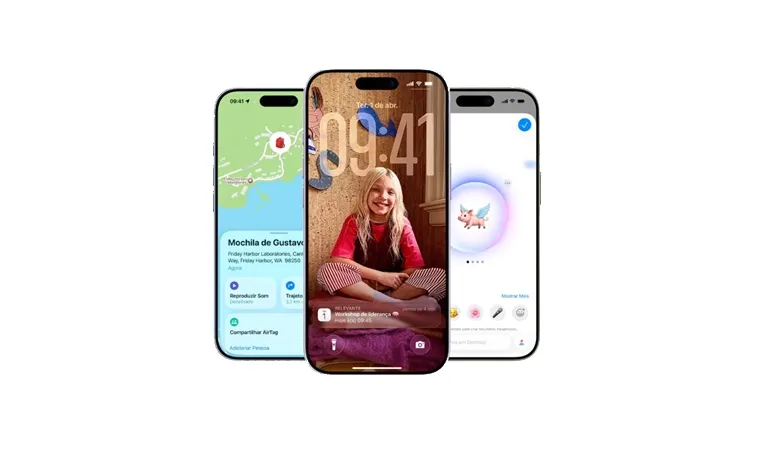 Três iPhone 17 exibindo mapas, tela de bloqueio e aplicativo aberto