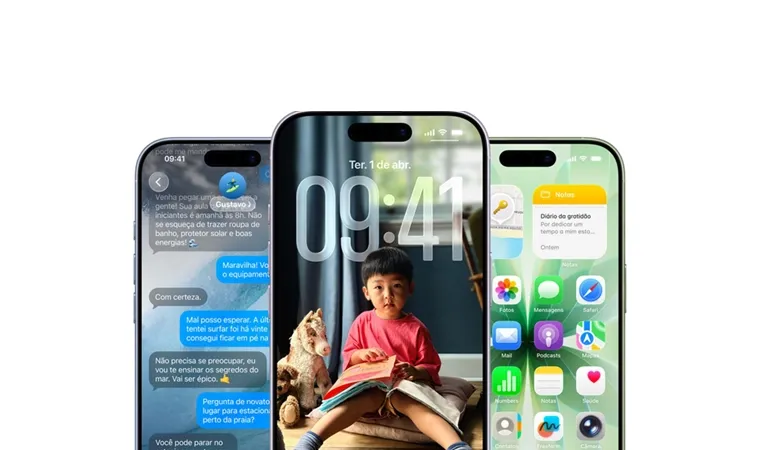 Três iPhone 17 exibindo tela de mensagens, tela de bloqueio e aplicativos organizados