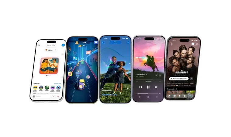 Cinco iPhone 17 alinhados mostrando jogos, fotos, vídeos e aplicativos na tela