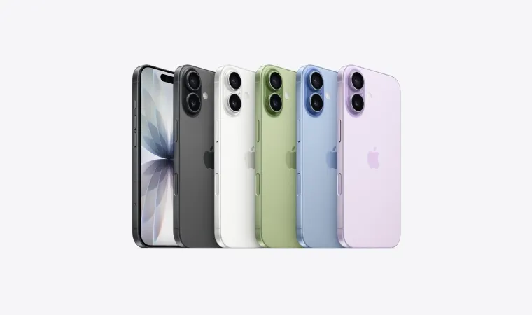  iPhone 17 em pé lado a lado nas cores preto, branco, verde, azul e lavanda