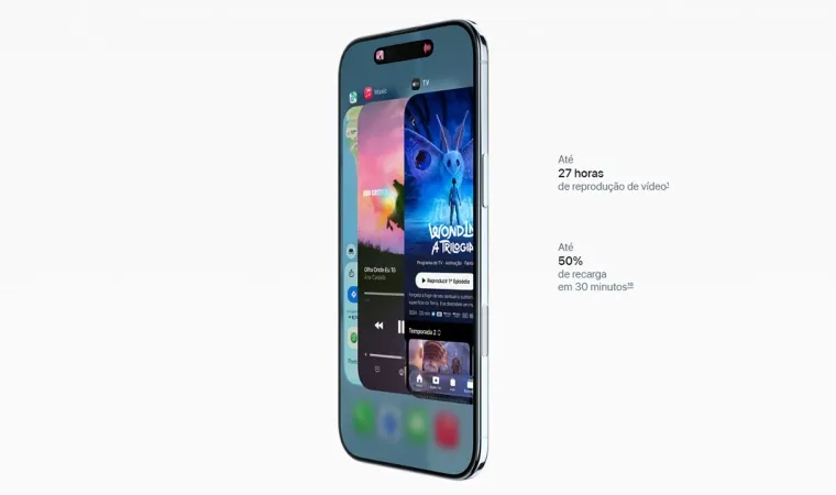 iPhone Air de frente exibindo a tela e ícones de bateria e recarga rápida