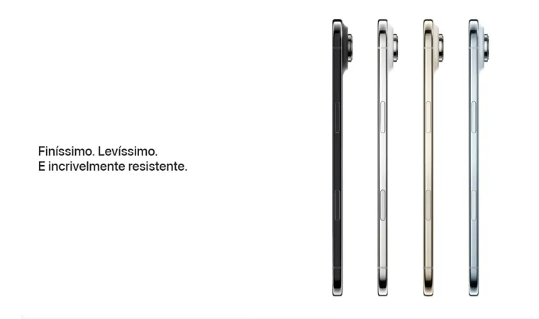 iPhone Air visto de perfil em quatro cores diferentes: cinza, branco, dourado e azul