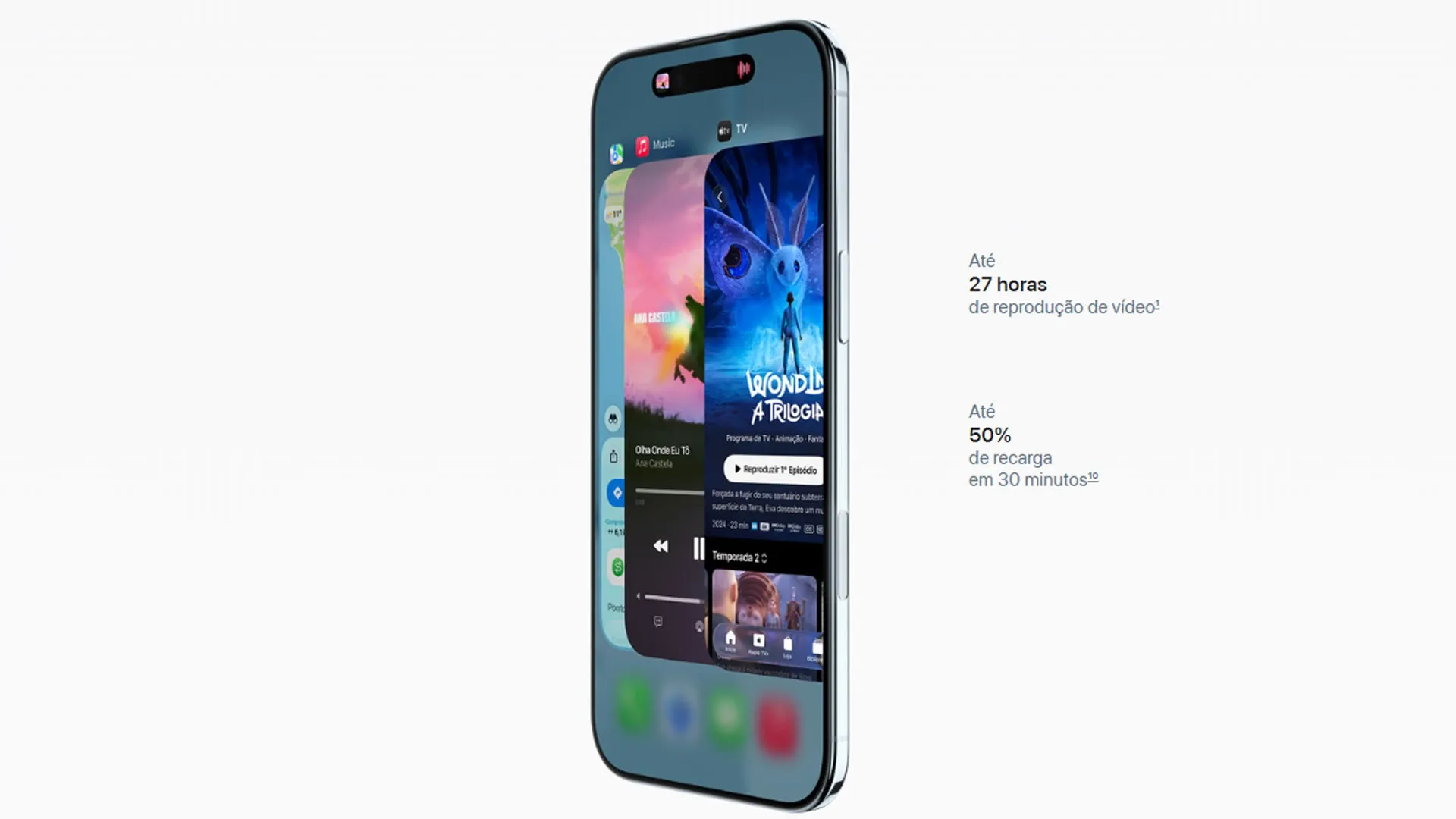 Imagem mostrando o iPhone Air exibindo informações de bateria e carregamento rápido.