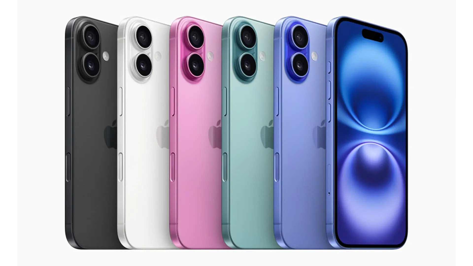 Imagem mostrando o iPhone 16 Plus em diferentes cores alinhados lado a lado.