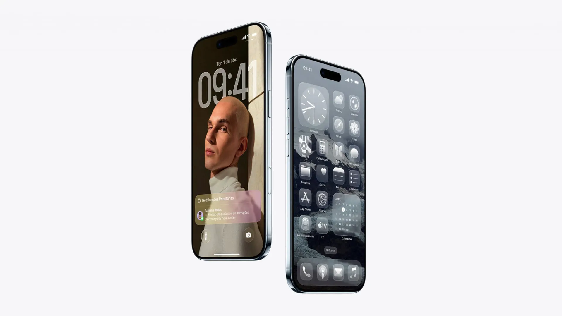 Imagem mostrando dois iPhones exibindo a tela inicial e funções do iOS 26.