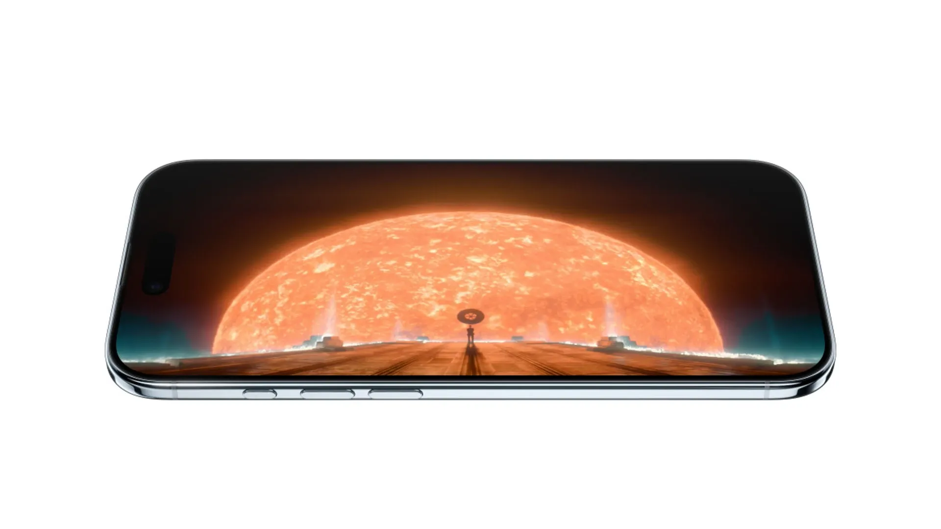 Imagem mostrando o iPhone Air deitado exibindo uma cena com alto brilho na tela.