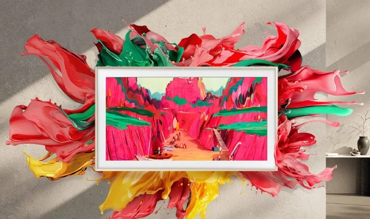 Imagem da TV Samsung The Frame Pro 2025 em uma parede.