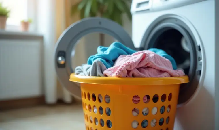 Cesto de roupa ao lado de uma máquina de lavar barata 