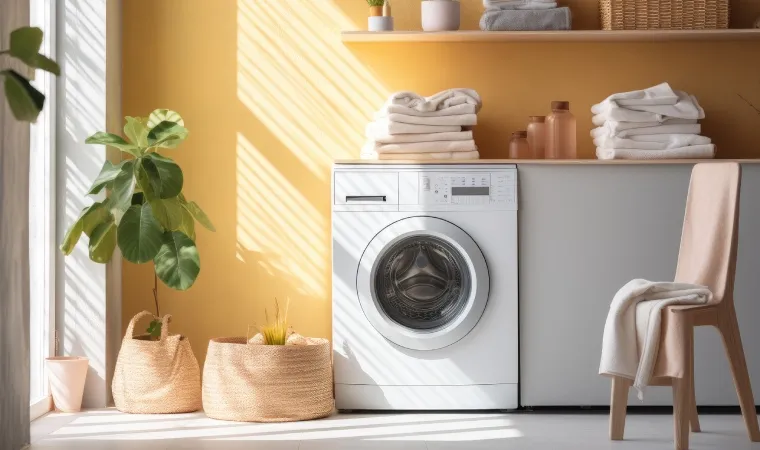 Máquina de lavar branca na lavanderia.