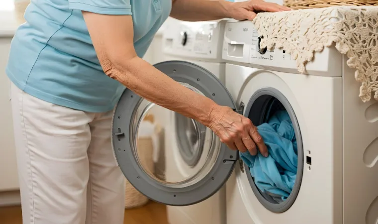 Mulher idosa colocando uma roupa de cama azul na máquina de lavar 12kg branca.