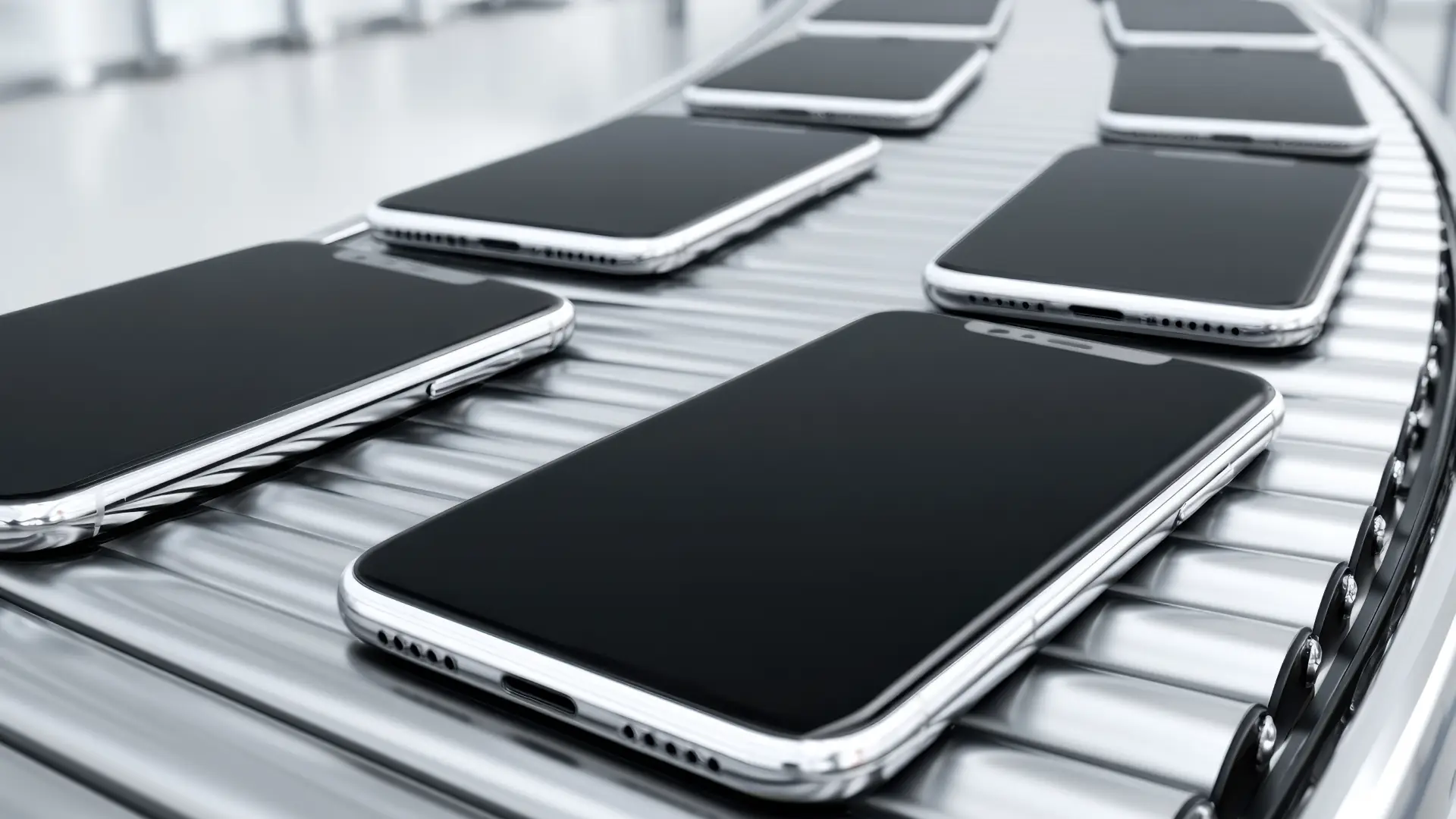 Vários celulares baratos lado a lado em uma esteira da fábrica