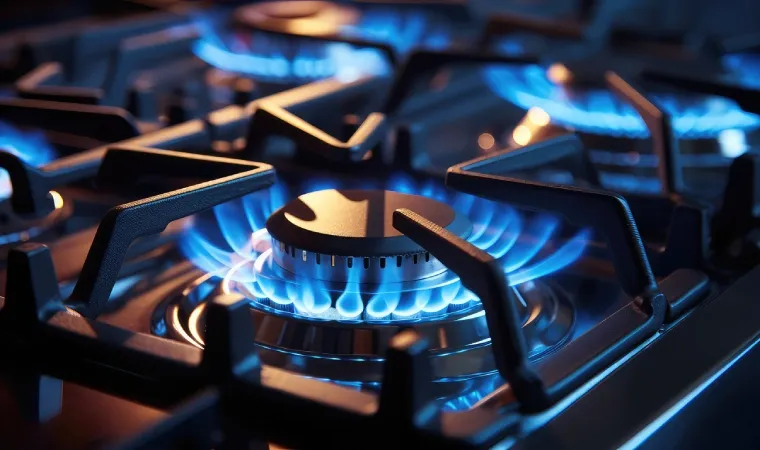 Fogão 4 bocas aceso.