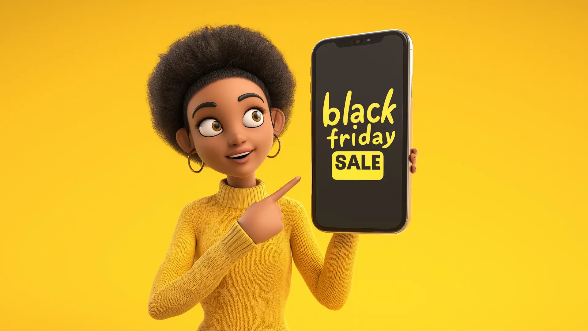  Ilustração de mulher com roupa amarela segurando um celular escrito Black Friday em amarelo