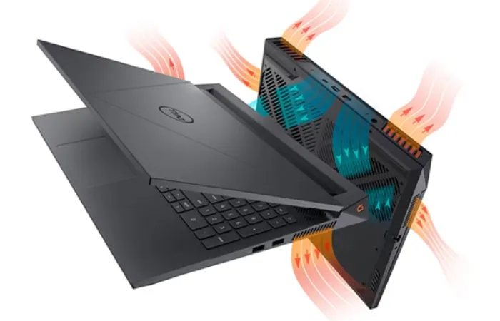 Dois Dell G15 mostram circulação de ar: 4 saídas, 2 laterais e 2 traseiras, em 2 posições.