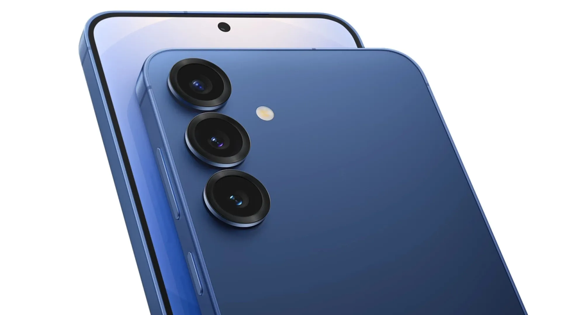 Imagem em close das câmeras traseiras do Galaxy S25 azul.