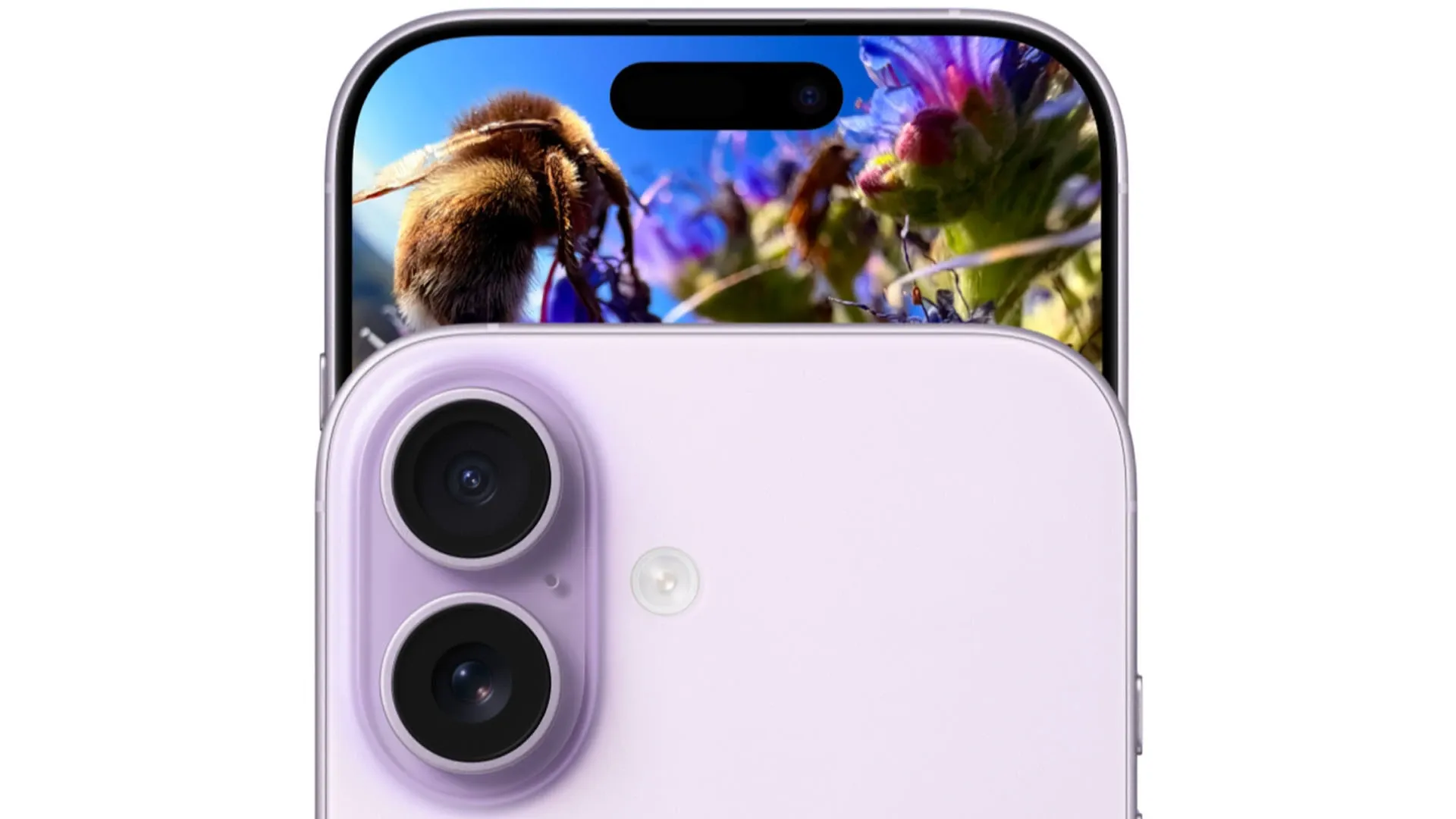 Imagem em close das câmeras traseiras do iPhone 17 lilás.