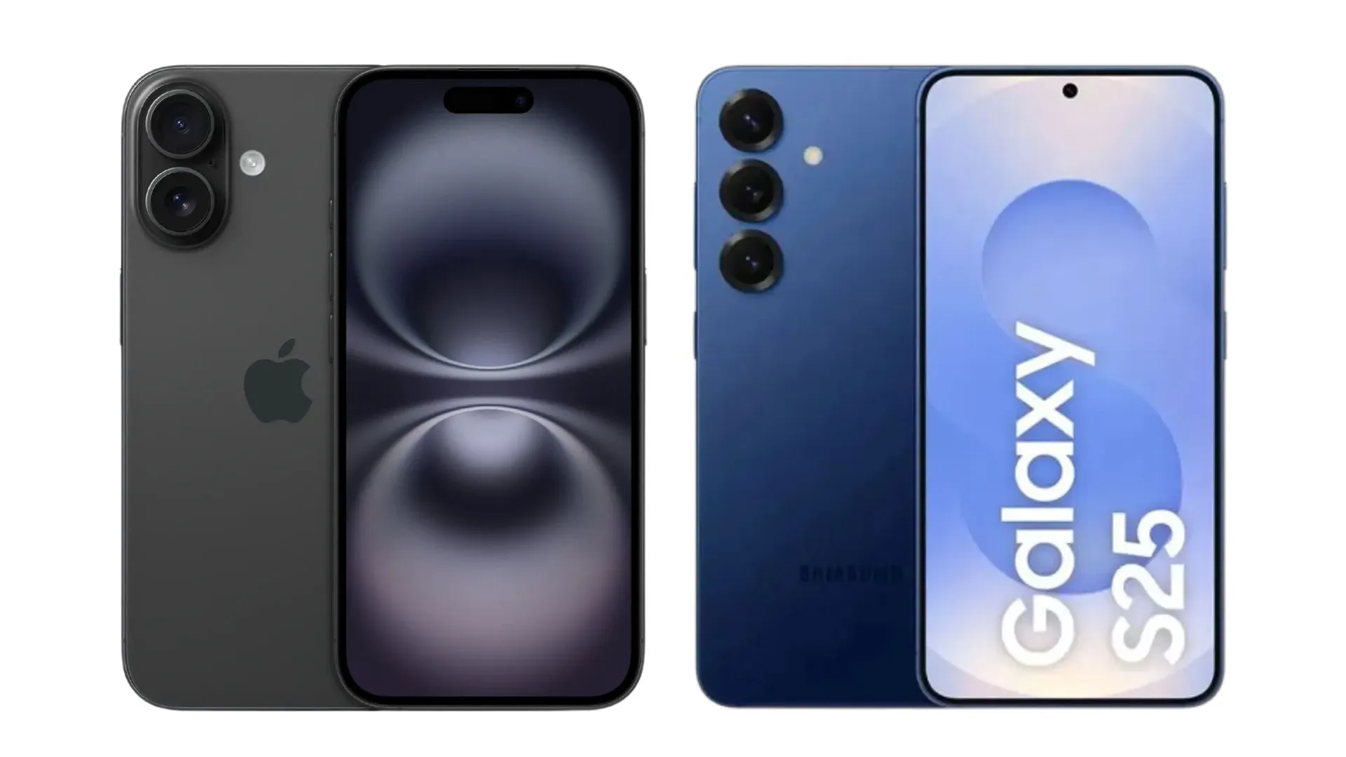 Imagem do iPhone 17 preto e Galaxy S25 azul vistos de frente.