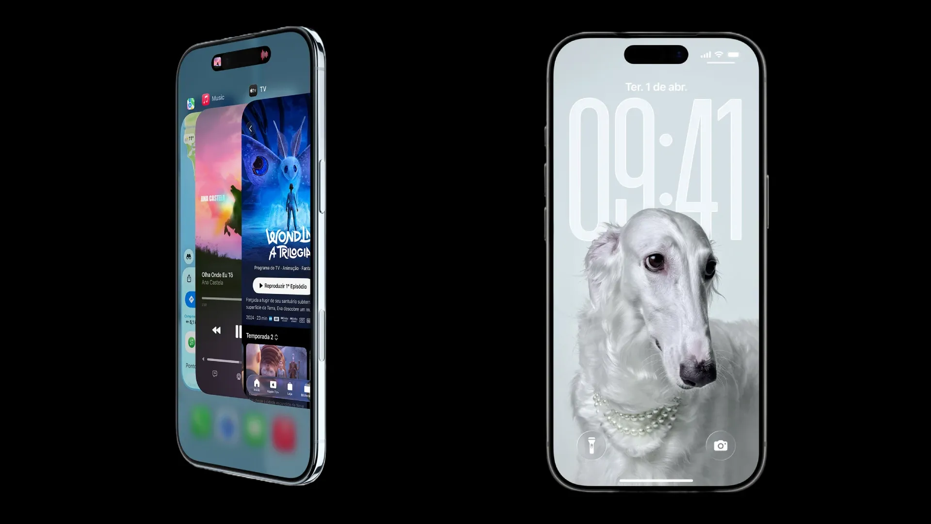 lado a lado, o iPhone Air exibe apps de música e o iPhone 17 Pro Max mostra a tela bloqueada com imagem de cachorro em fundo branco