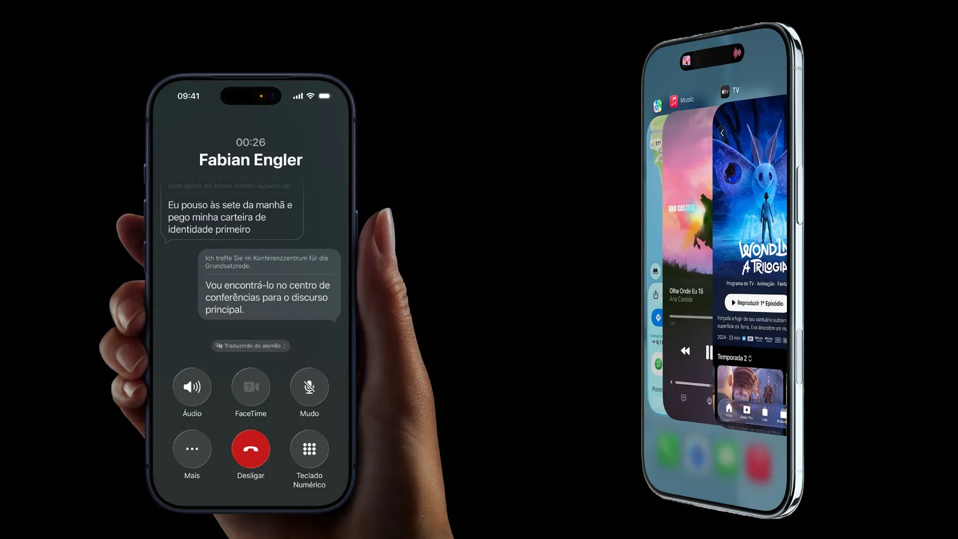 Mão de pessoa segurando o iPhone 17 e ao lado o iPhone Air, mostrando suas telas em funcionamento. 