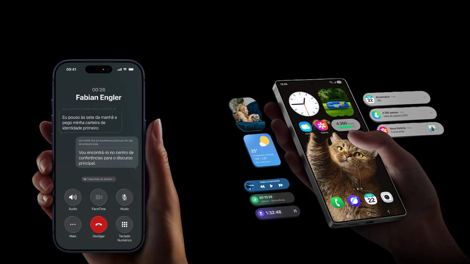Tela do iPhone 17 Pro na mão de usuário ao lado da tela do Galaxy S25 Ultra na mão de outro usuário