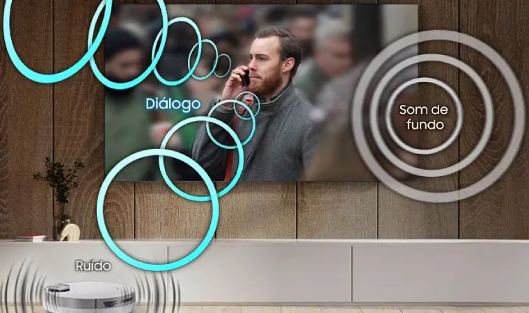 Imagem da TV Samsung QN85D com ondas sonoras saindo do aparelho