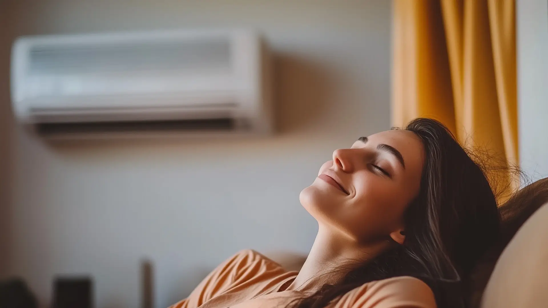 ilustração, mulher relaxando em sofá, de olhos fechados, em ambiente quarto refrigerado com ar-condicionado