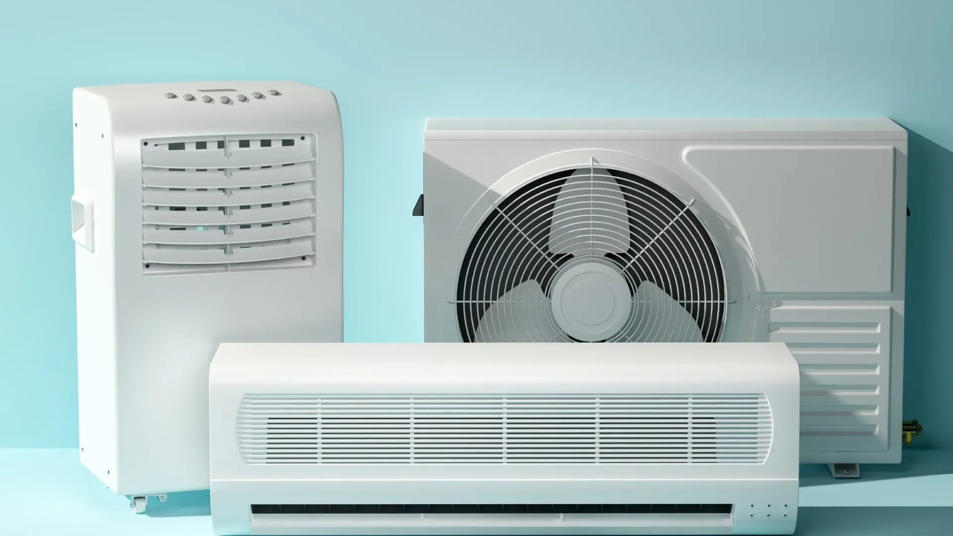 Imagem de um ar-condicionado portátil ao lado de um ar-condicionado split e seu compressor 