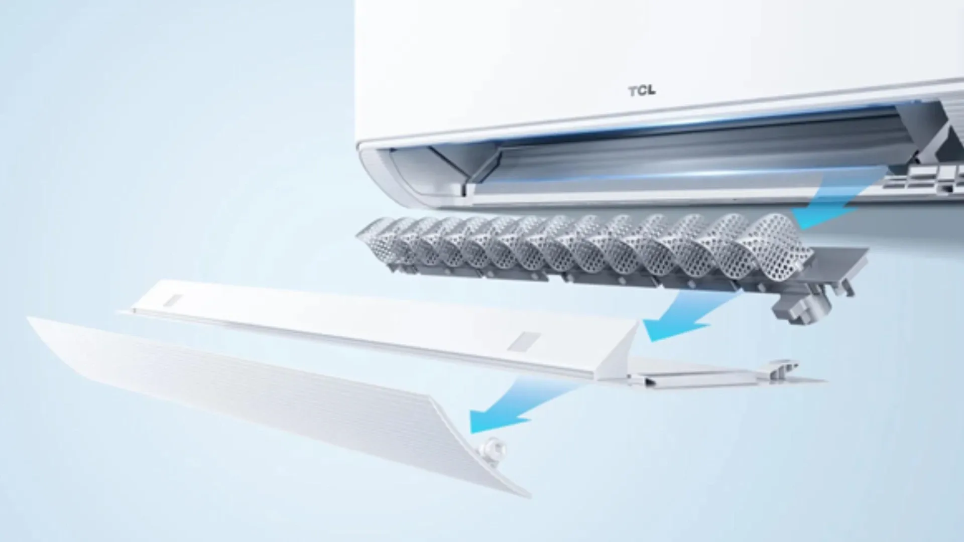 Imagem detalhada do ar-condicionado TCL T-Pro 2.0 com painéis abertos e setas indicando o fluxo interno de limpeza automática.