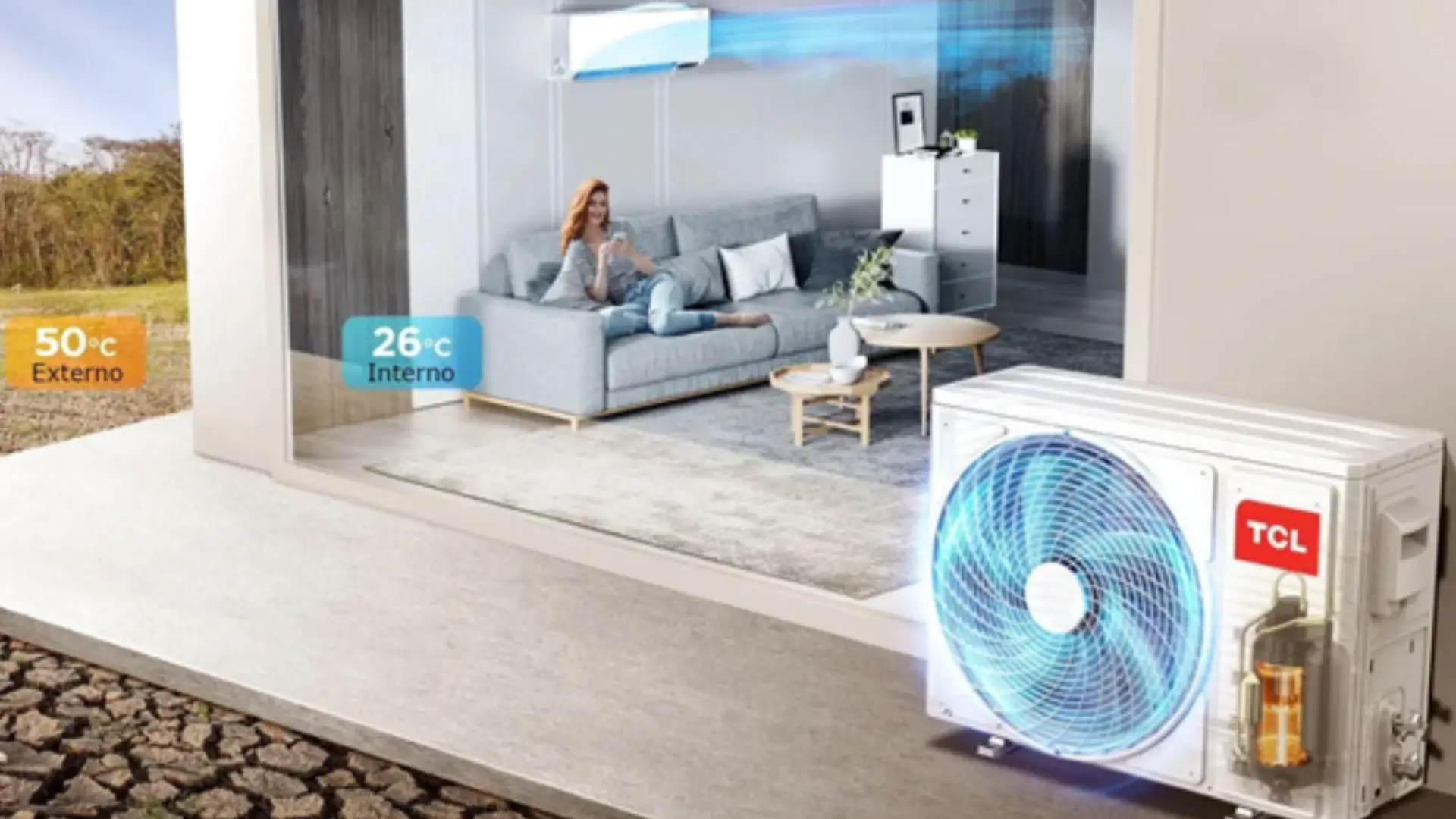 Imagem de sala climatizada mostrando o ar-condicionado TCL T-Pro 2.0 instalado